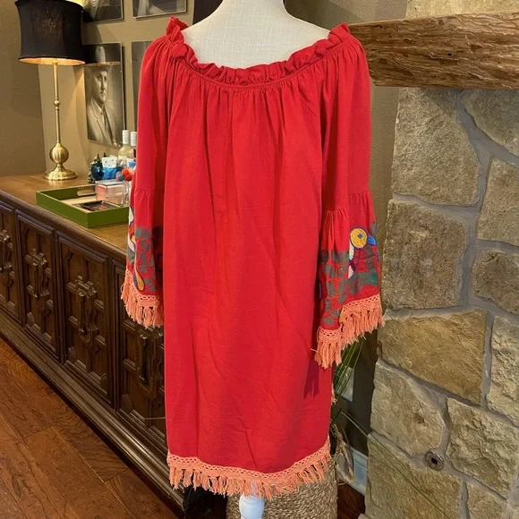 Velzera Dresses | Red Off The Shoulder Otomi Styled Embroidered Mexican Fiesta Dress - X Large | Color: Red | Size: Xl | Pm-08259637's Closet